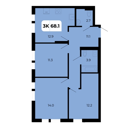 Планировка 3-комн 68,1 м²