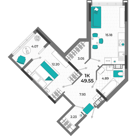 Планировка 1-комн 49,55 м²