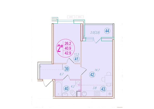 Планировка 2-комн 42,9 м²