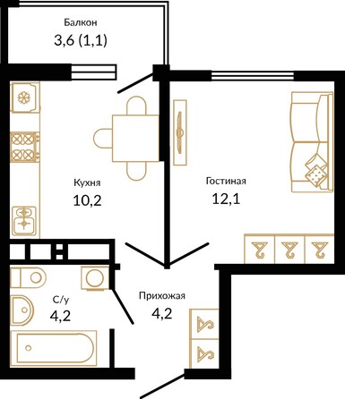 Планировка 1-комн 31,74 - 32,01 м²