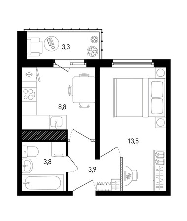 Планировка 1-комн 31,6 - 32,6 м²