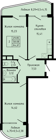 Планировка 2-комн 64,61 м²