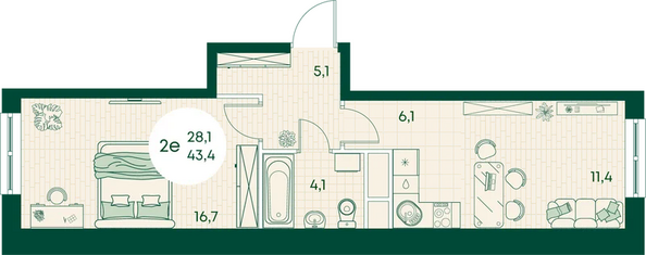 Планировка 2-комн 43,4 м²