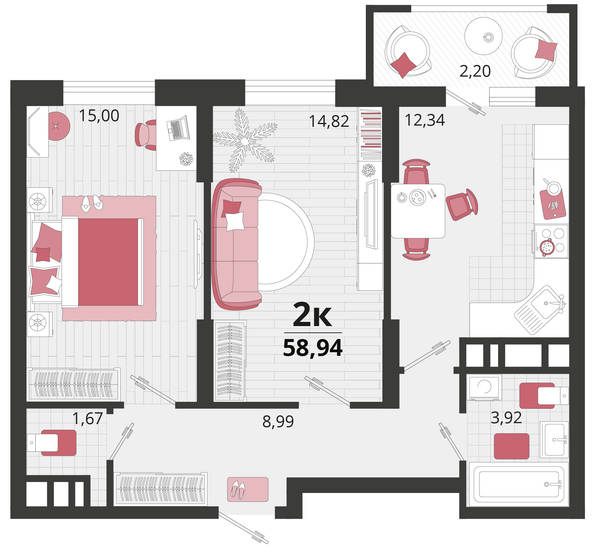 Планировка 2-комн 58,94 м²