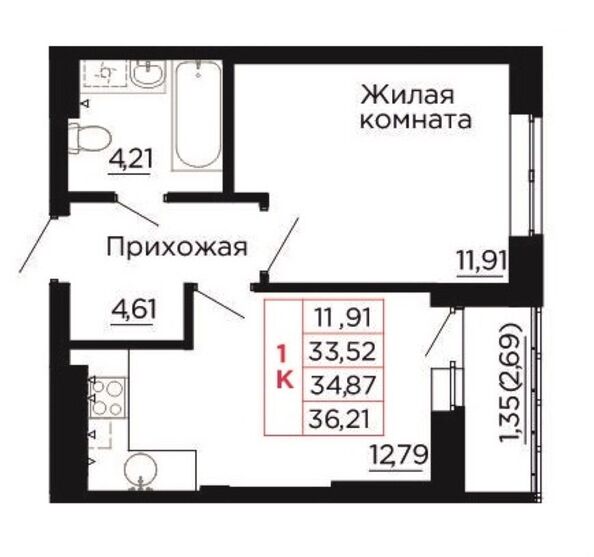 Планировка 1-комн 34,87 м²