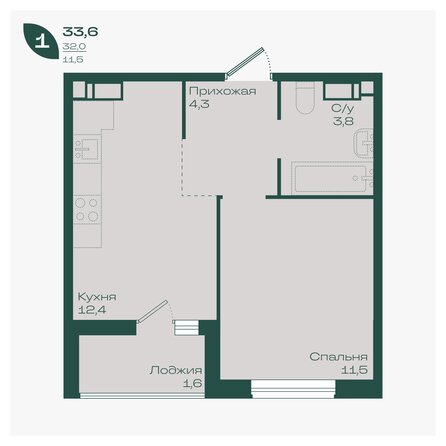 Планировка 1-комн 33,6, 33,7 м²