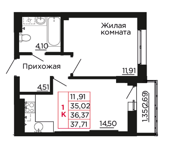 Планировка 1-комн 36,37 м²