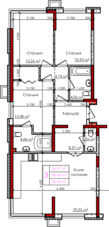 Планировка 3-комн 88,44 м²