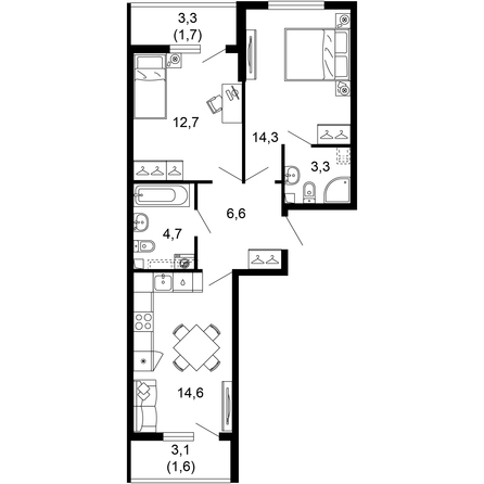 Планировка 2-комн 59,5 м²