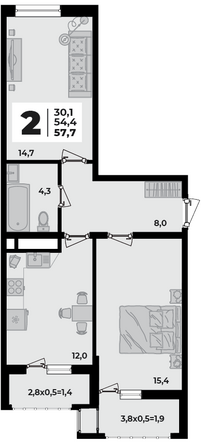 Планировка 2-комн 57,7 м²