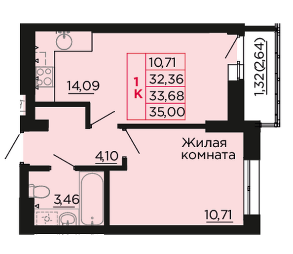 Планировка 1-комн 33,68 м²