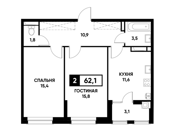 Планировка 2-комн 62,1 м²