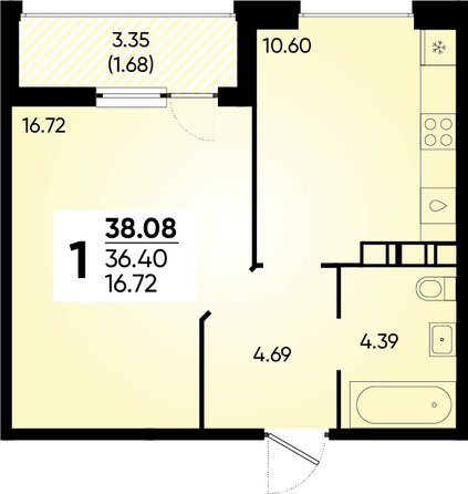 Планировка 1-комн 38,08 м²