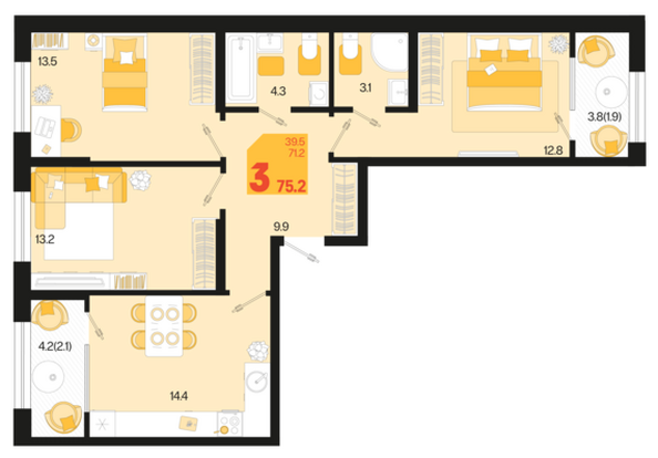 Планировка 3-комн 75,2 м²