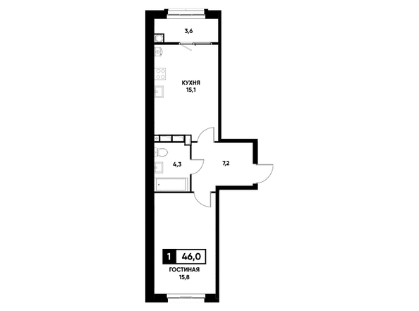 Планировка 1-комн 46 м²