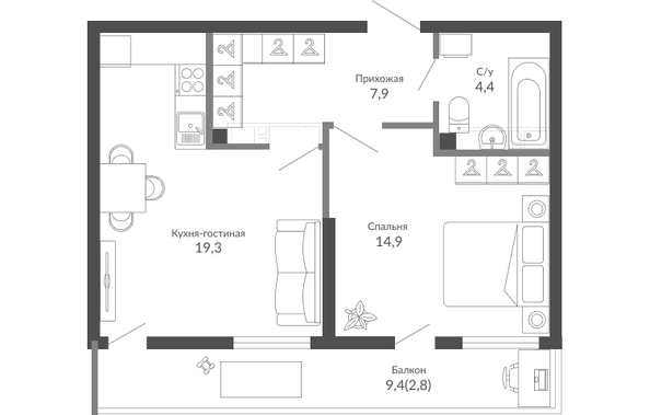 Планировка 1-комн 49,3 м²