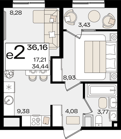 Планировка 2-комн 36,16 м²