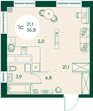 Планировка Студия 36,8 м²