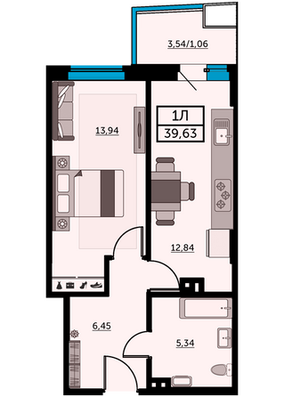 Планировка 1-комн 39,9 м²