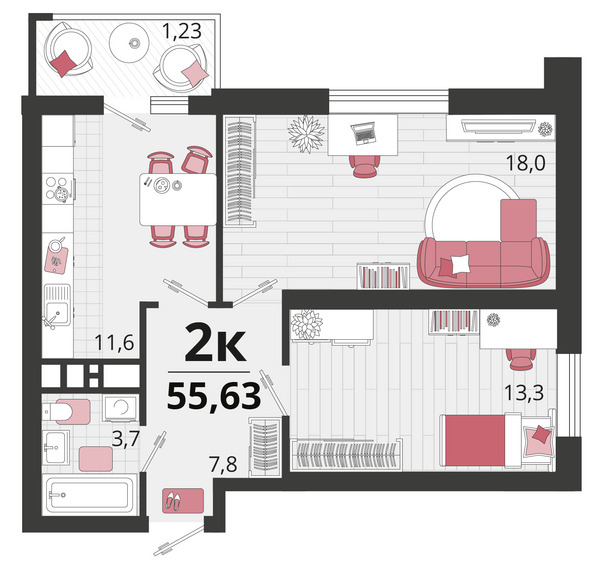 Планировка 2-комн 55,63 м²