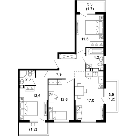 Планировка 3-комн 73,5 м²