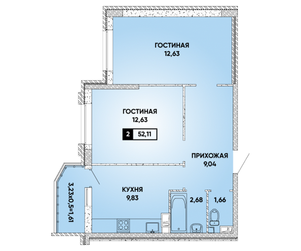 Планировка 2-комн 52,11 м²