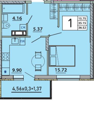 Планировка 1-комн 36,52 м²