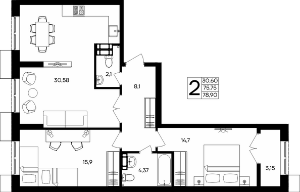 Планировка 2-комн 78,9 м²