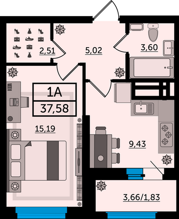 Планировка 1-комн 37,58 м²