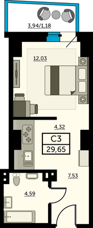 Планировка Студия 29,21 - 29,44 м²