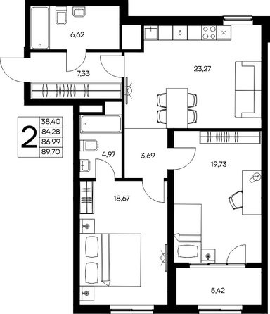 Планировка 2-комн 89,7 м²