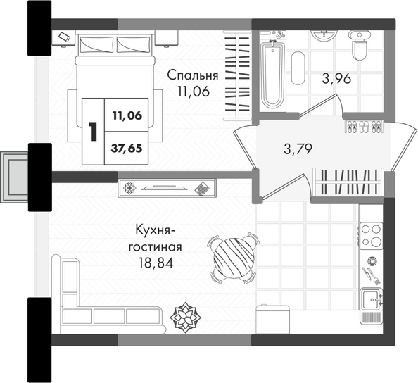 Планировка 1-комн 37,65 м²