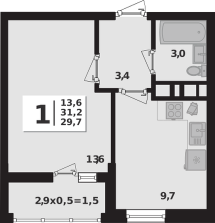 Планировка 1-комн 31,2 м²