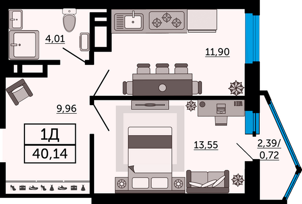 Планировка 1-комн 40,14 м²