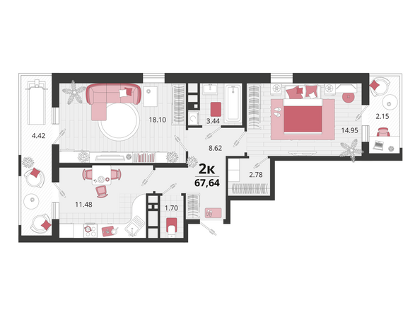 Планировка 2-комн 67,61 м²