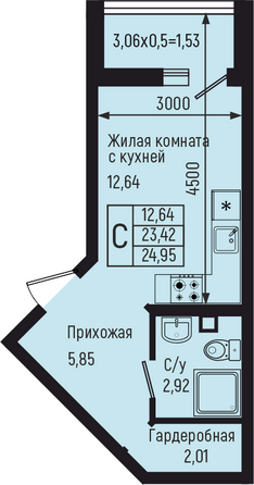 Планировка Студия 24,95 м²