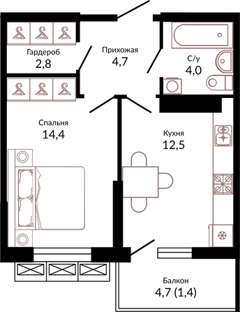 Планировка 1-комн 39,9 м²