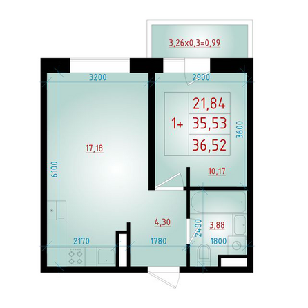 Планировка 1-комн 36,52 м²