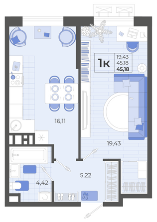 Планировка 1-комн 45,18 м²