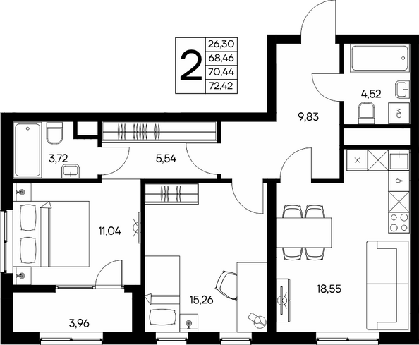 Планировка 2-комн 72,42 м²