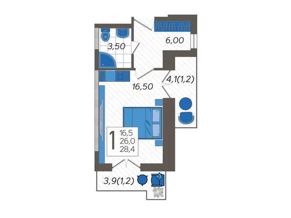 Планировка 1-комн 28,4 м²