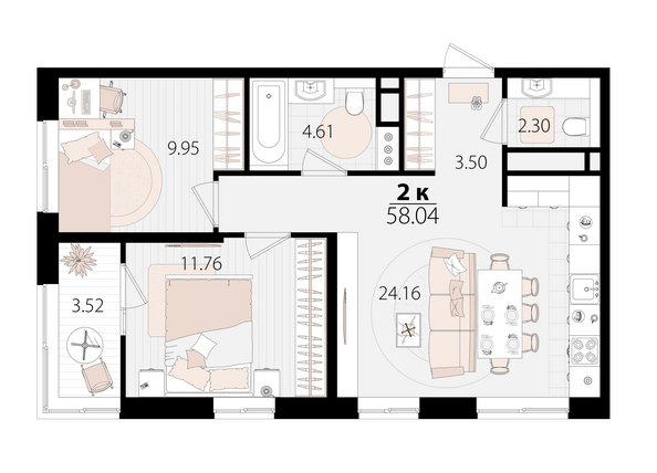 Планировка 2-комн 57,86 м²