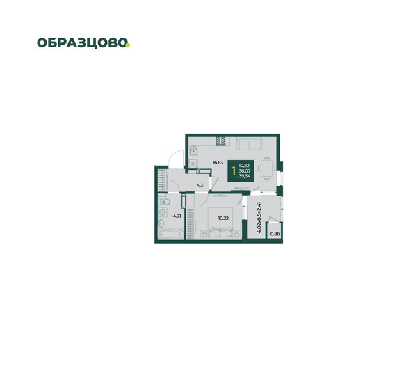 Планировка 1-комн 39,34 м²