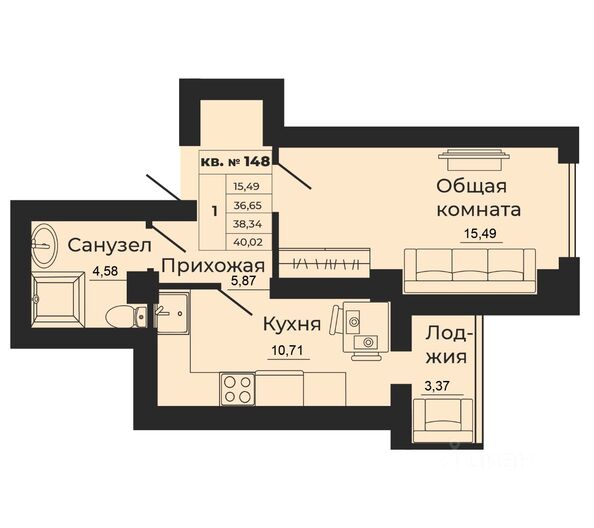 Планировка 1-комн 38,34 м²