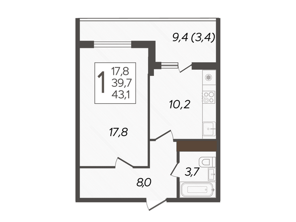 Планировка 1-комн 43,1 м²