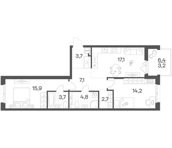 Планировка 2-комн 72,4 м²