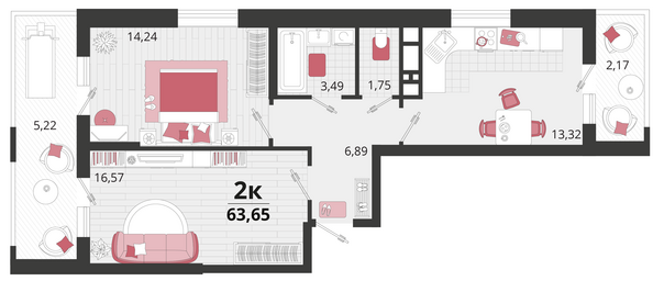 Планировка 2-комн 63,65 м²