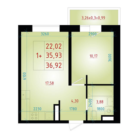 Планировка 1-комн 36,92 м²