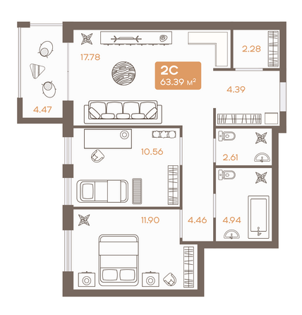 Планировка 2-комн 63,39 м²