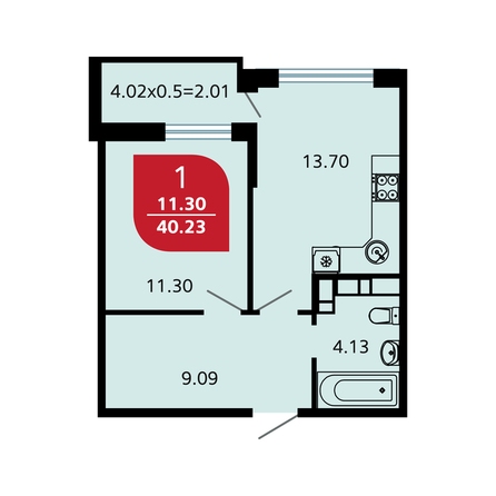 Планировка 1-комн 40,23 - 40,6 м²